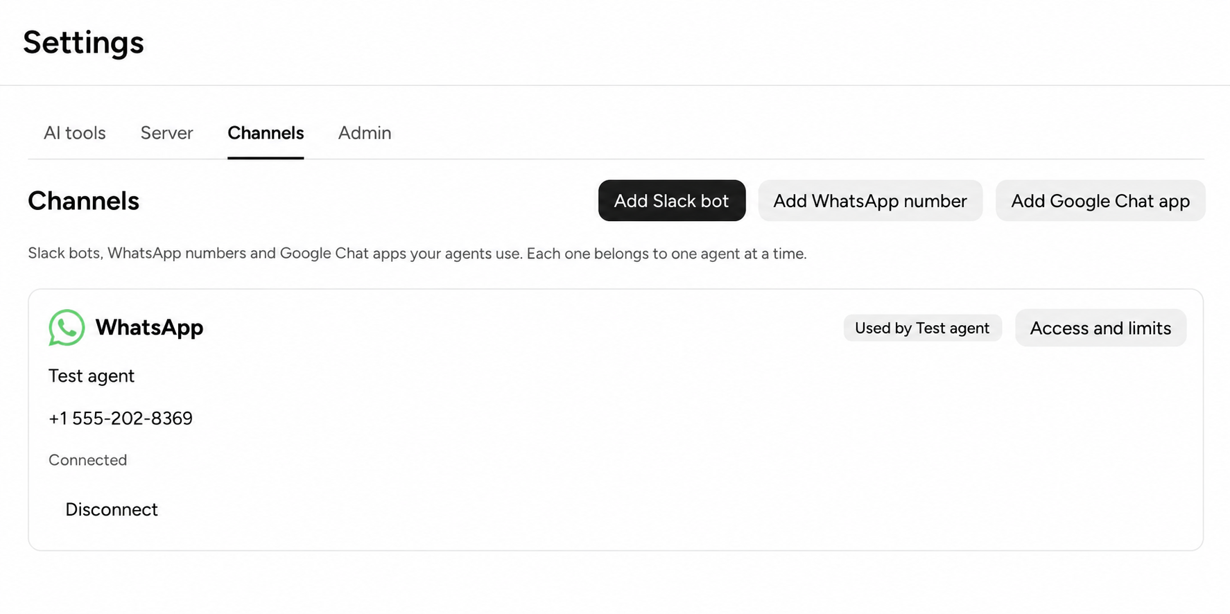 Settings Channels tab showing WhatsApp connected, Used by Test agent, and Access and limits