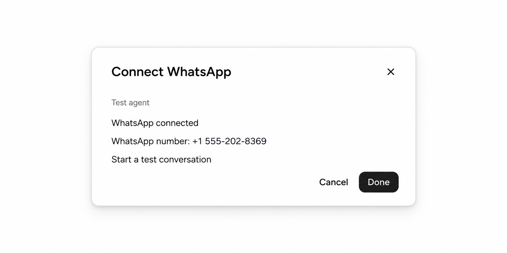 WhatsApp connected dialog showing the public Meta test sender and Start a test conversation action