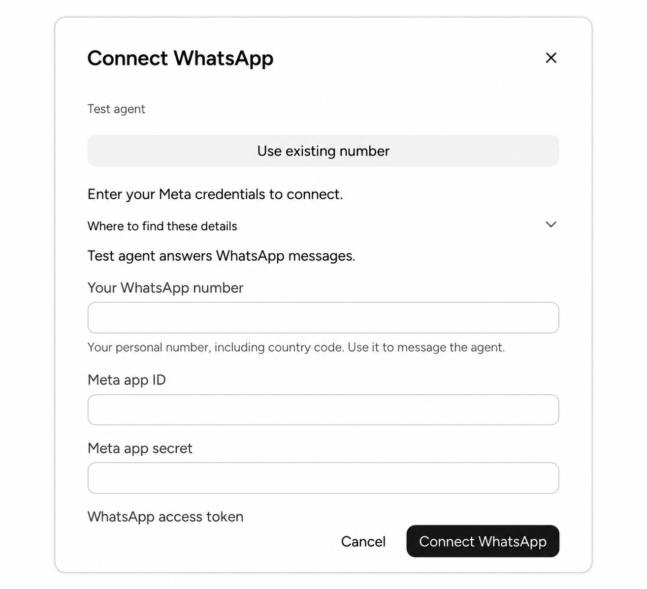 Connect WhatsApp dialog with empty personal number, Meta app ID and app secret fields