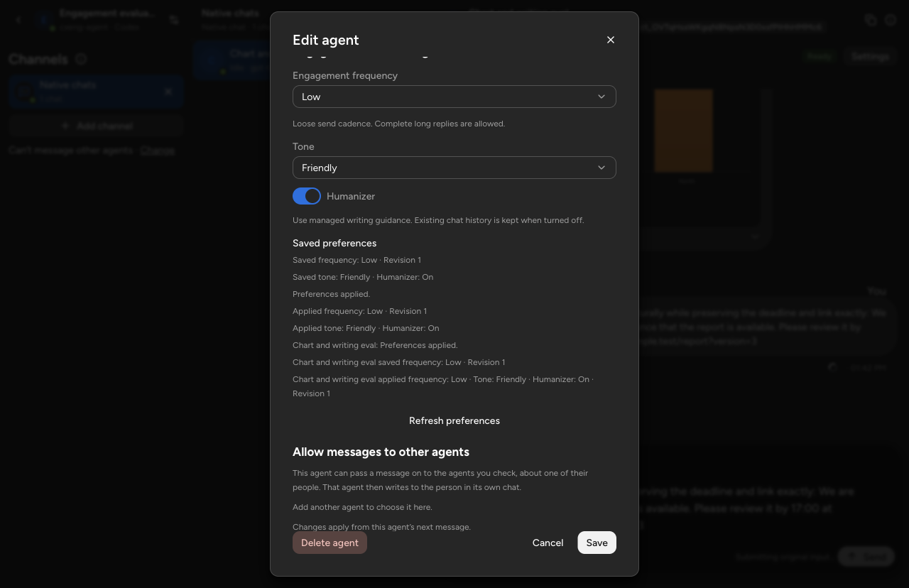 Edit agent showing Low engagement frequency, Friendly tone, Humanizer On, and matching saved and applied values at revision 1